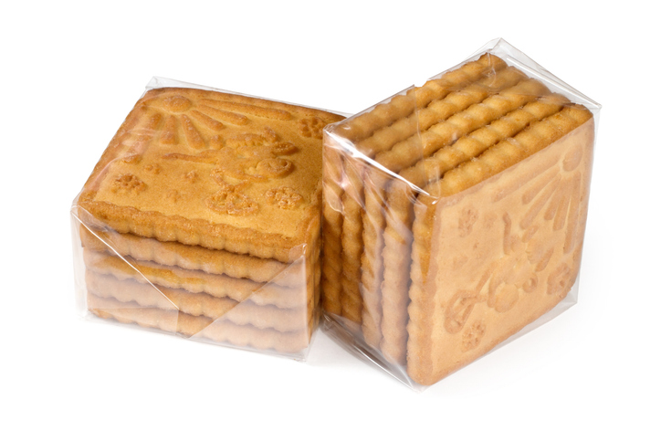 Two packs of biscuits in a transparent package.